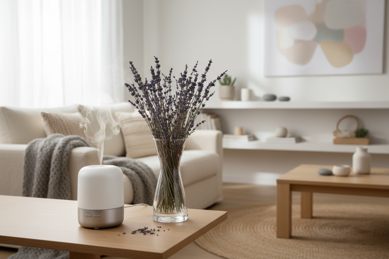 a living room scene featuring an essential oil defuser, and a glass vase with dried lavender