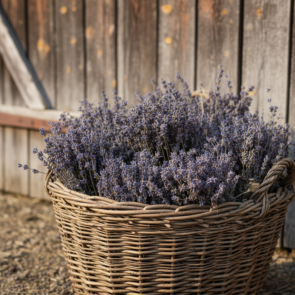 close up of dried lavender sitting in a large basket outside of a barn