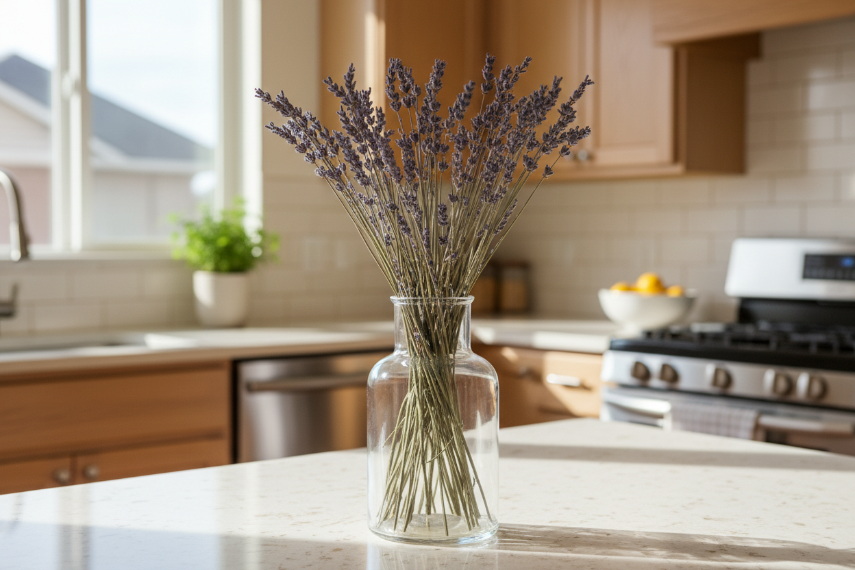 dried lavender in a glass vase in a kitchen